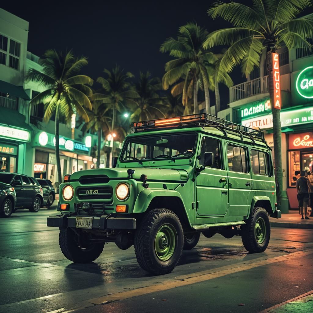 Vintage UAZ in Miami Beach Neon Nightlife
