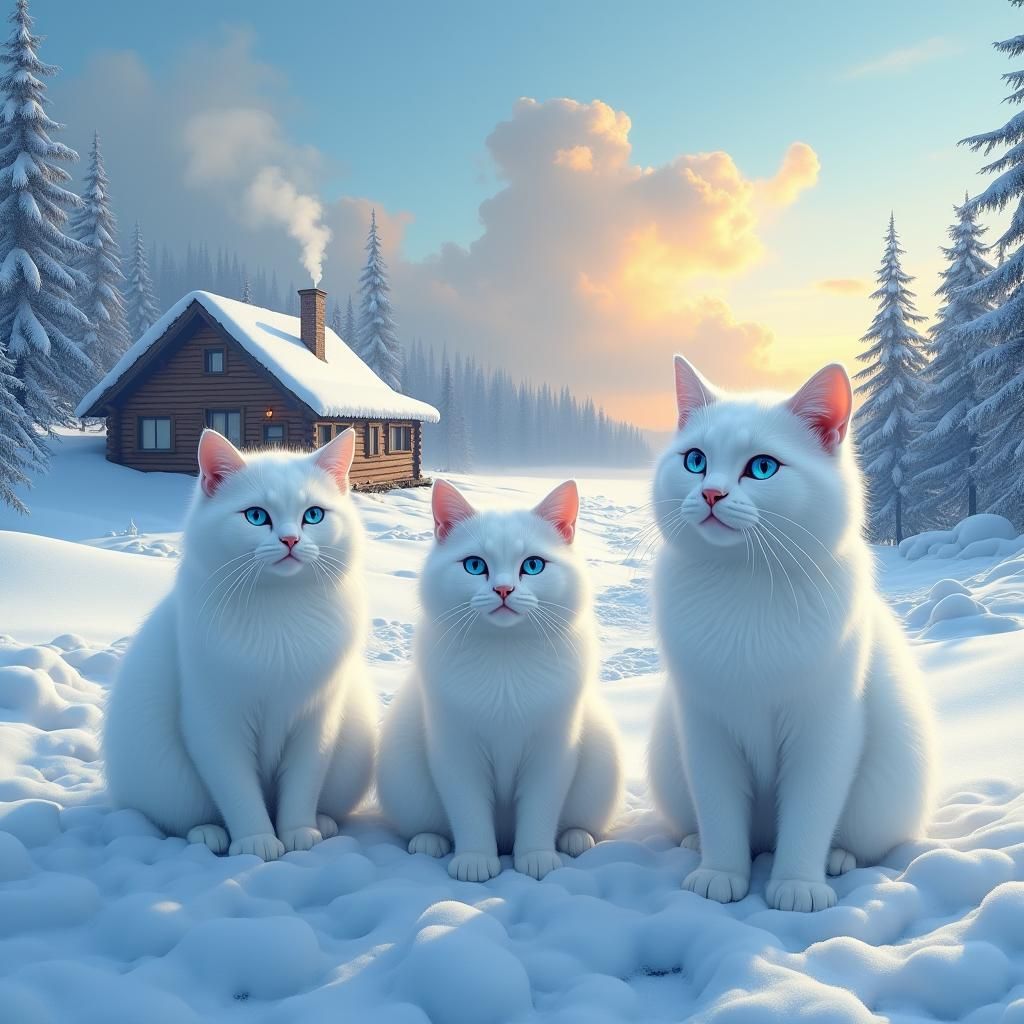 White Cats in Winter Wonderland Landscape