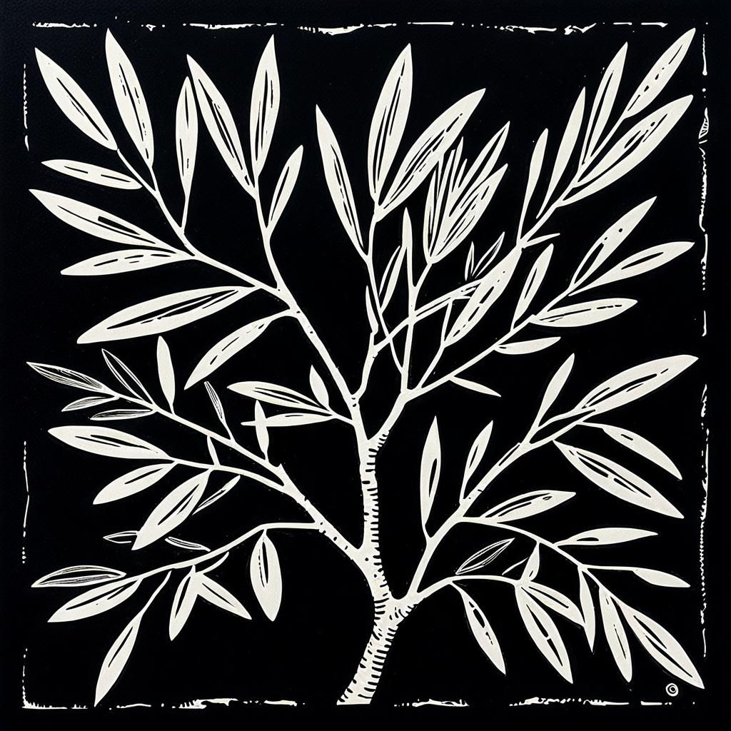 black and white relief print lino cut of an olive branch design