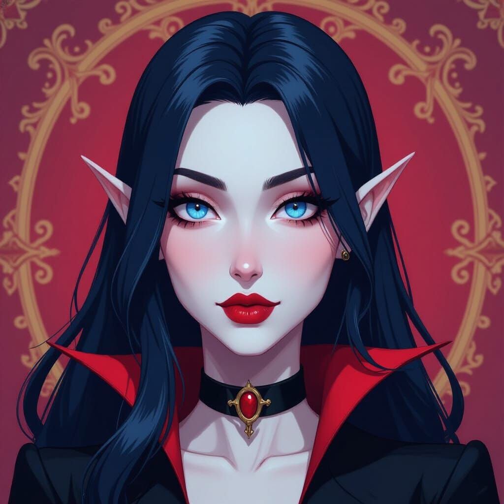 Heroic Vampire Woman with Raven Hair and Baby Blue Eyes