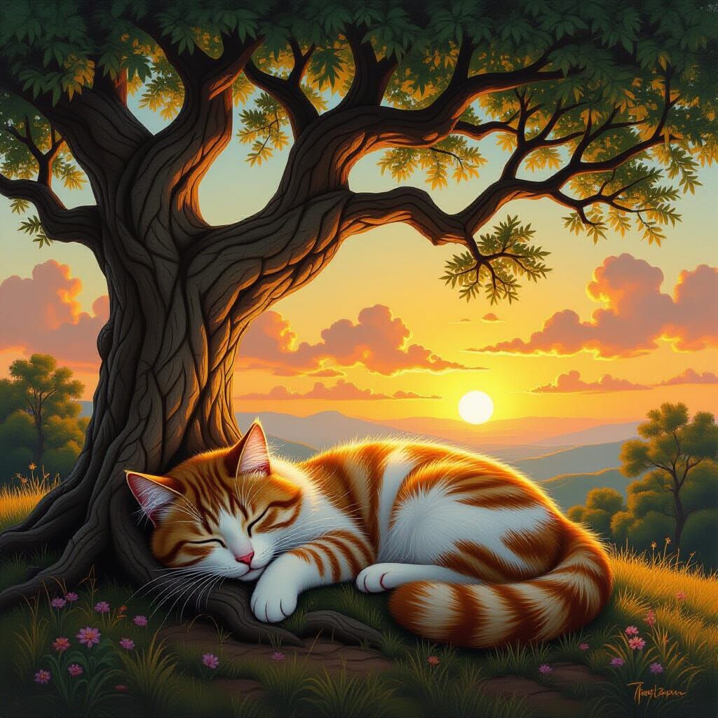 Surreal Tree Shaped Like Sleeping Cat at Sunset Oil Painting
