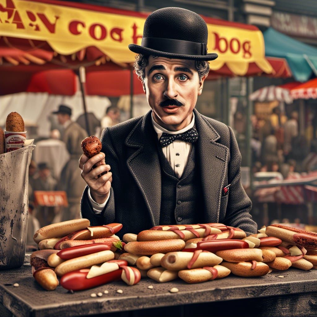 Charlie Chaplin as Hot Dog Vendor in Hyperrealism