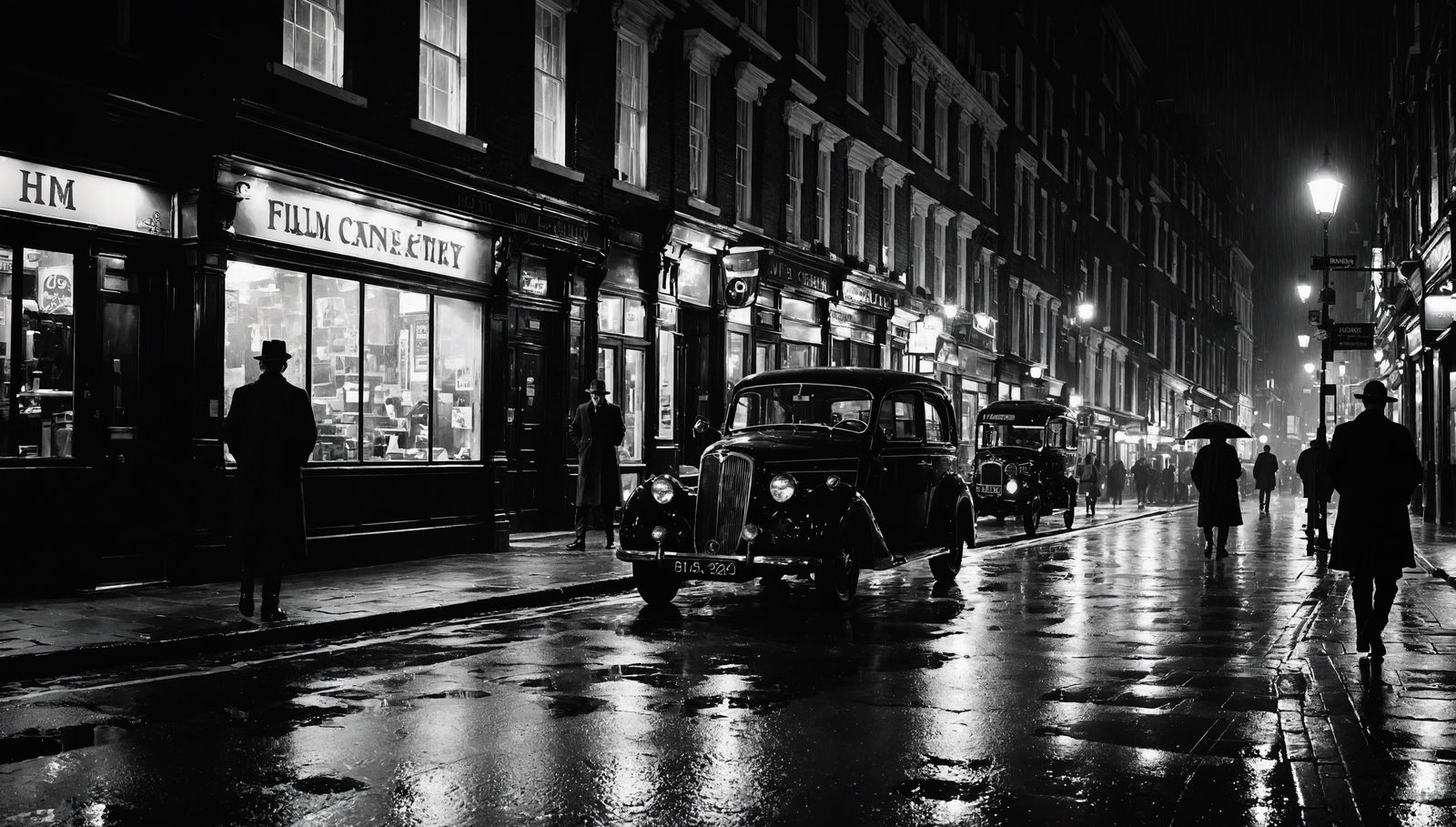 London Soho Rainy Night in Film Noir Style