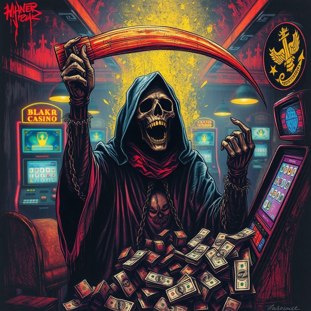 Happy Grim Reaper Wins Jackpot: Scratch Paper Art