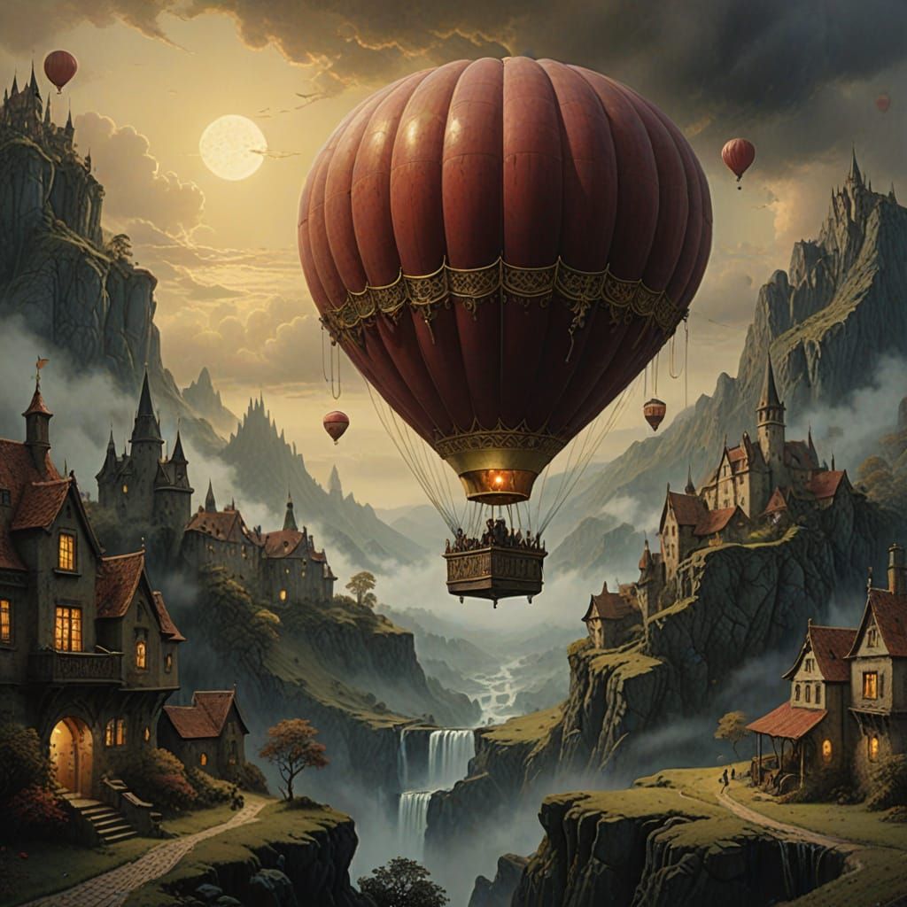 Ethereal Cherry Red Hot Air Balloon in Dreamy Fantasy Landsc...