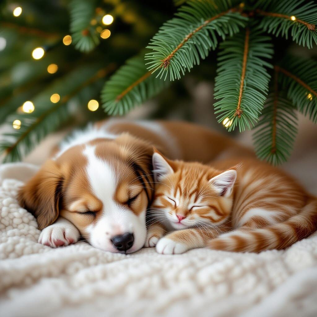 Realistic Photo of Puppy and Kitten Sleeping Under Christmas...