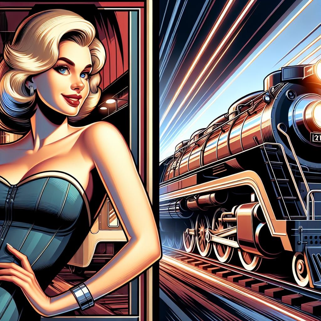 Norman Rockwell inspired pinup girl posing by a art deco tra...