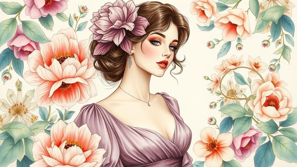 Elegant Woman Surrounded by Florals in Art Nouveau Style