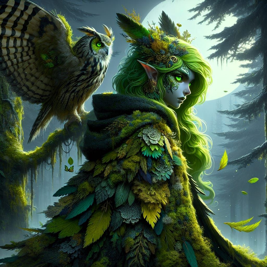 Animated Dryad Girl with Owl Wings in Forest