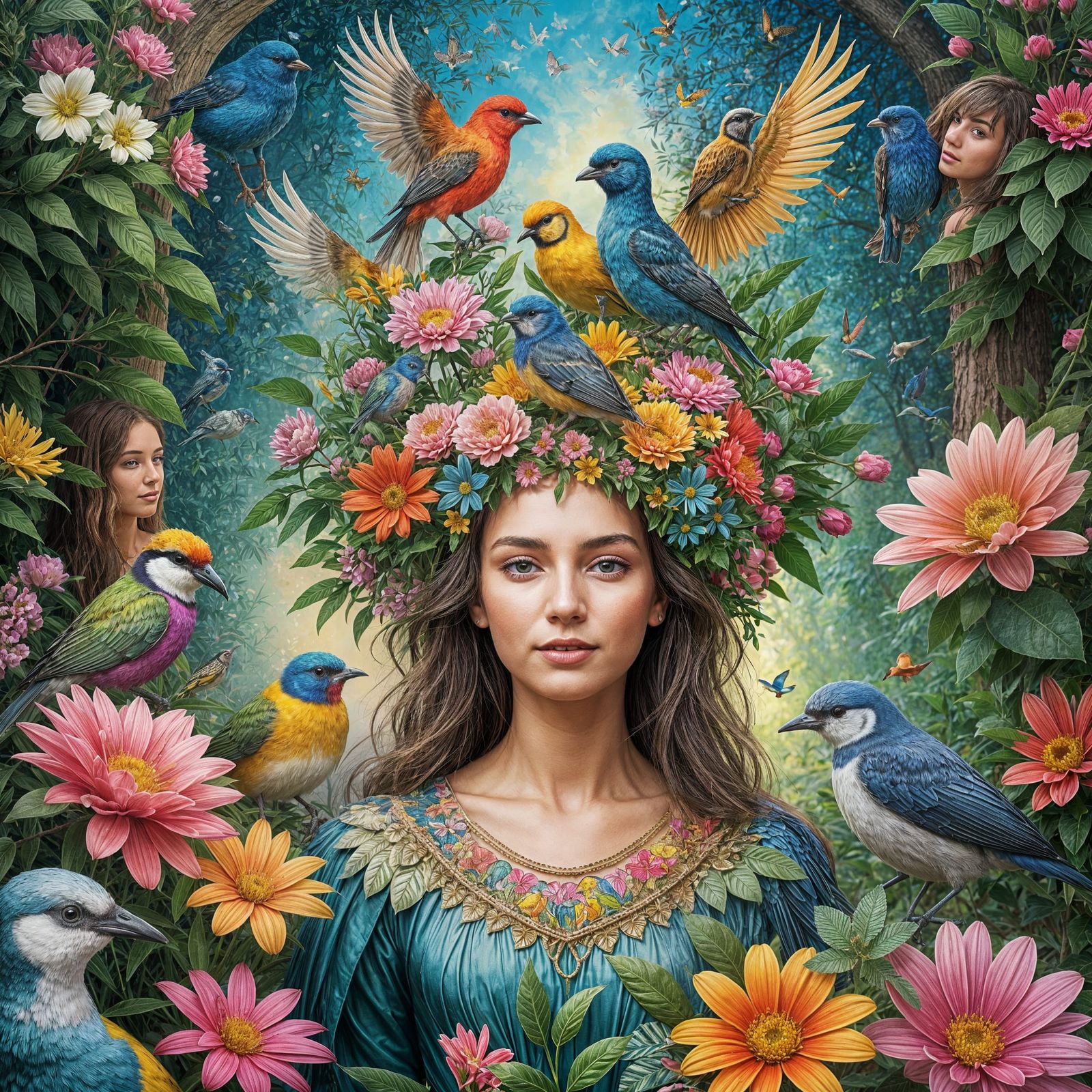 Woman Surrounded by Flowers and Birds