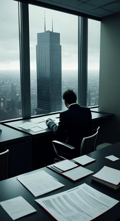 Lonely Man in Skyscraper Overlooking City