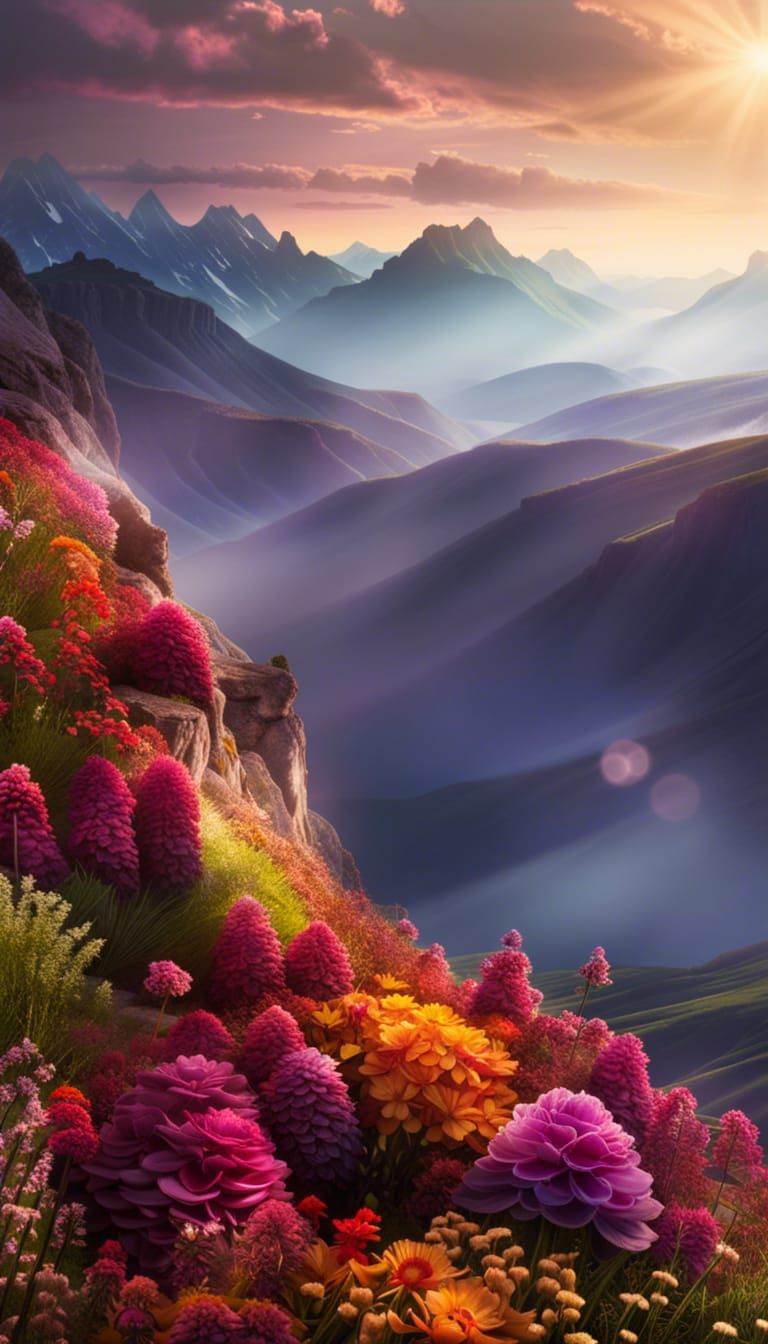 Maximalist Flower Landscape in Hyperreal Style
