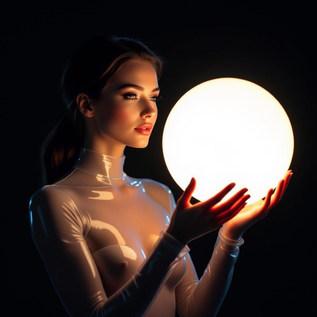 Transparent Woman Holds Glowing Orb in Cinematic Void
