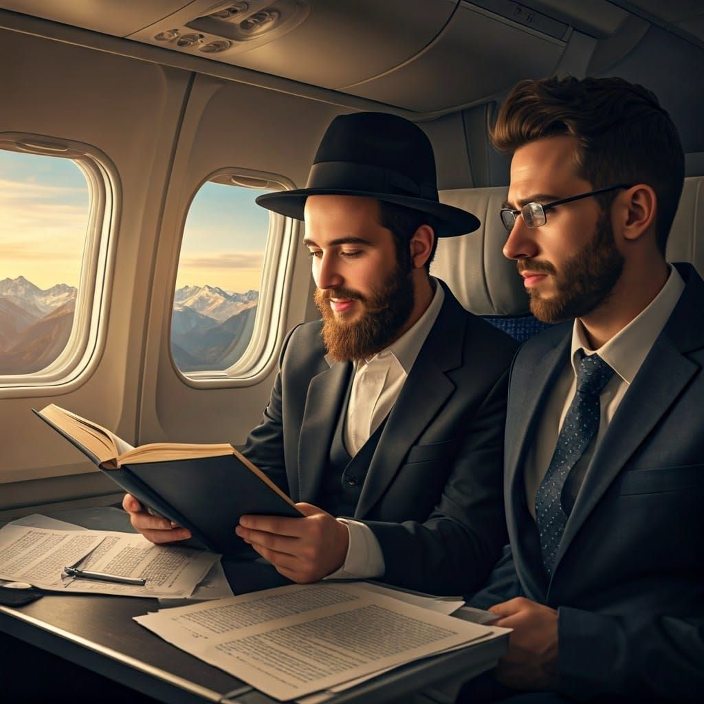A handsome young Haredi Hasidic Jew sits on a plane with an open research book happily delving into it, while a secular ...