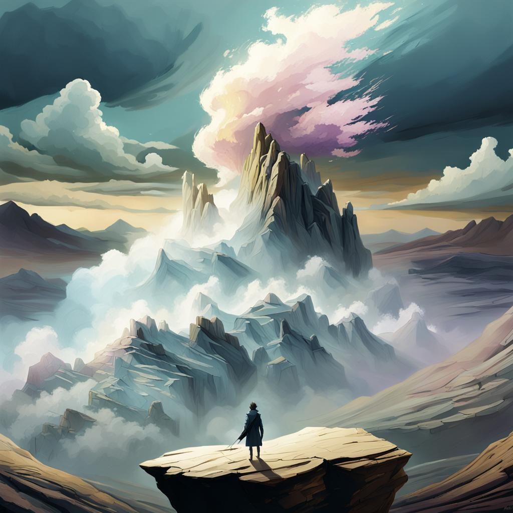 Sci-Fi Figure on Rocky Hill with Luminous Clouds