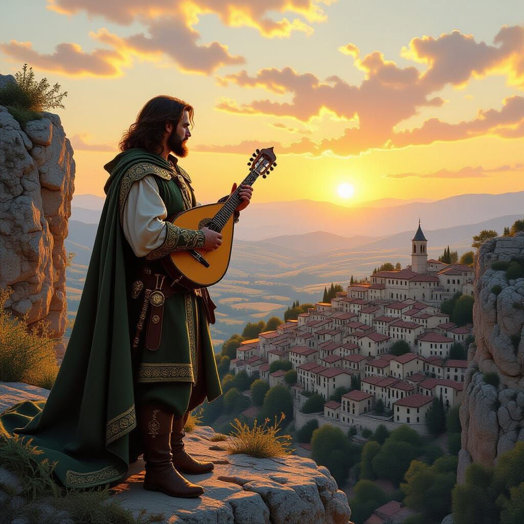 Medieval Bard Overlooking Village at Sunrise