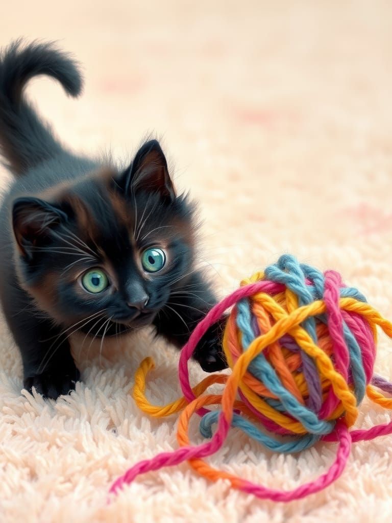 Kitten's Whimsical Yarn Adventure in Watercolor Style