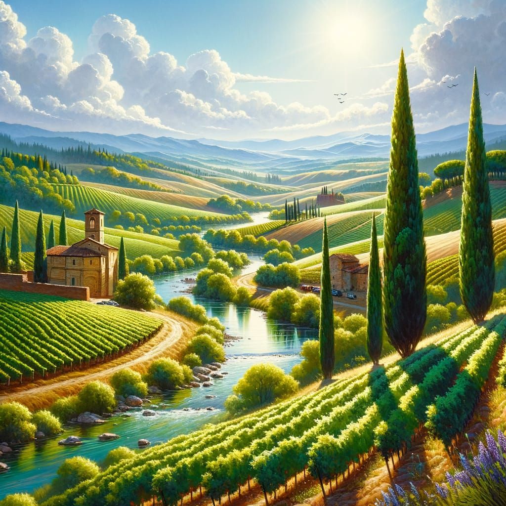 Idyllic Summer Landscape with Cypress Trees and Medieval Chu...