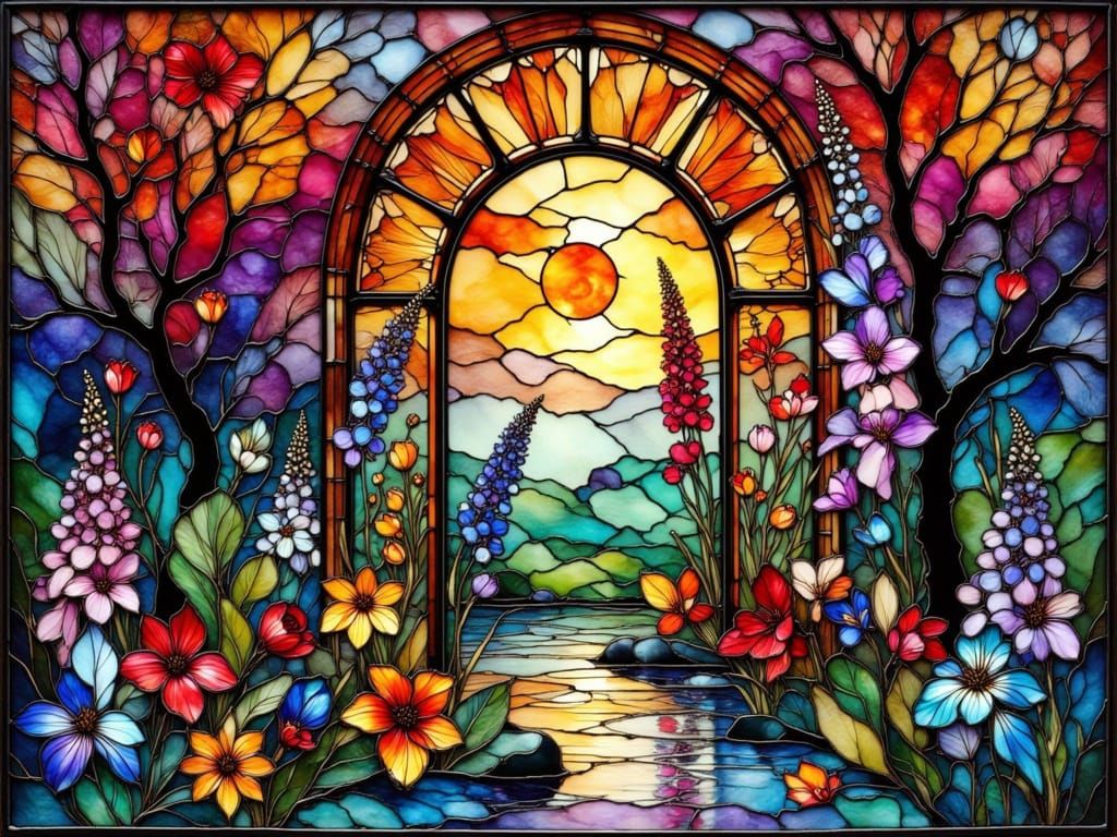 Stained Glass Window of Autumn Flowers in Marc Chagall Style