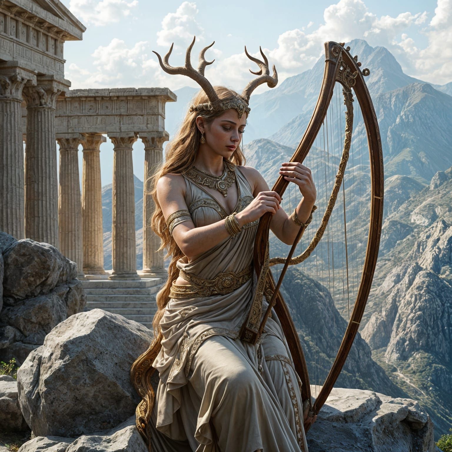 Surreal Greek Goddess Plays Harp on Mount Olympus