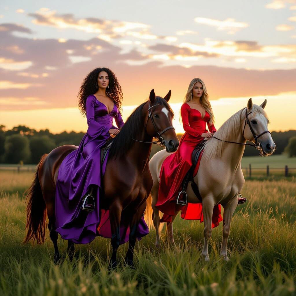 Women on Horses in Sunset Paddock, Painterly Style