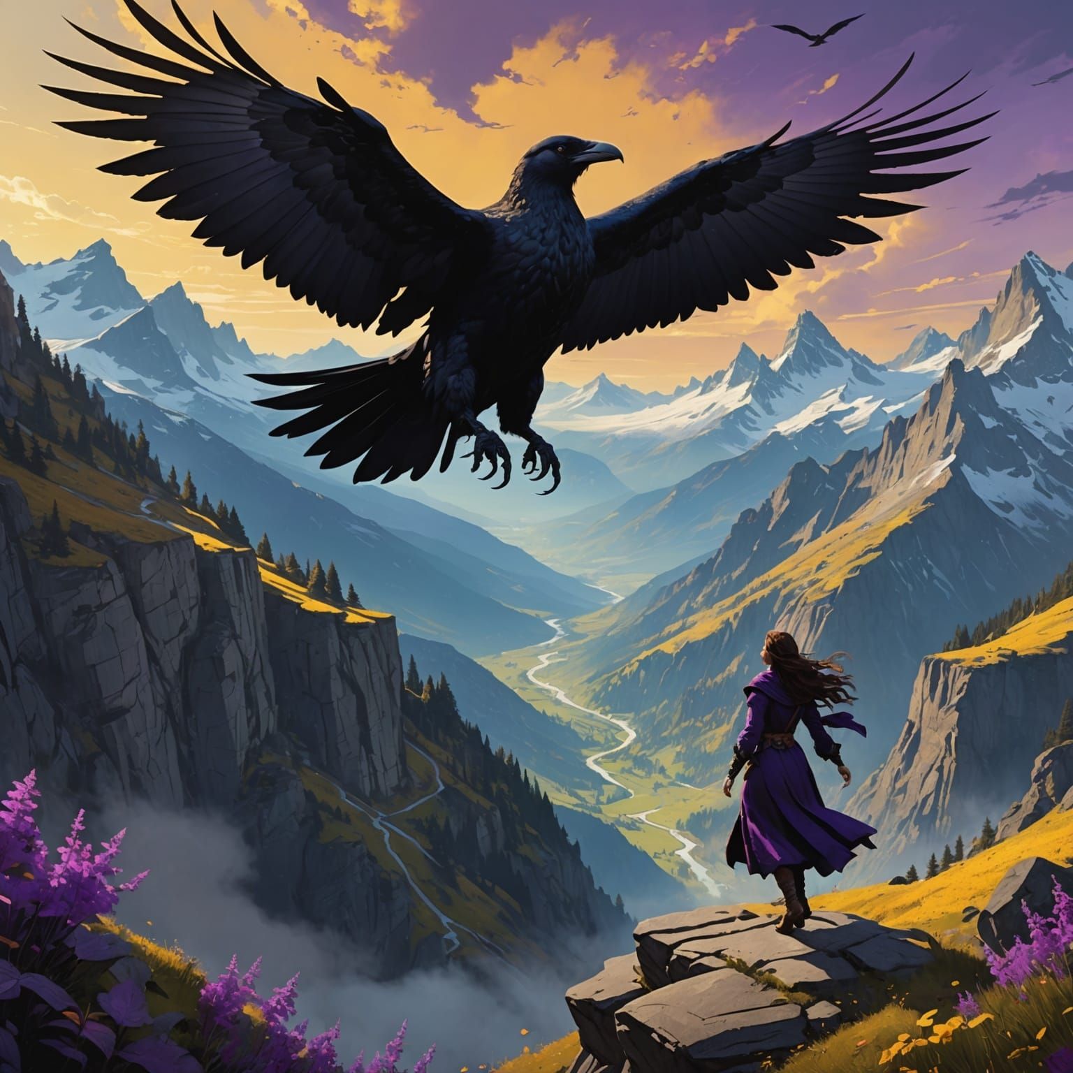 Woman and Giant Bird Soaring Through Mountains