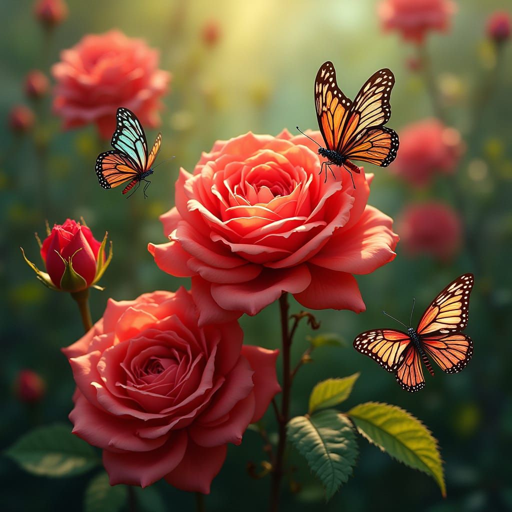 Ethereal Roses in a Lush Garden with Delicate Butterflies