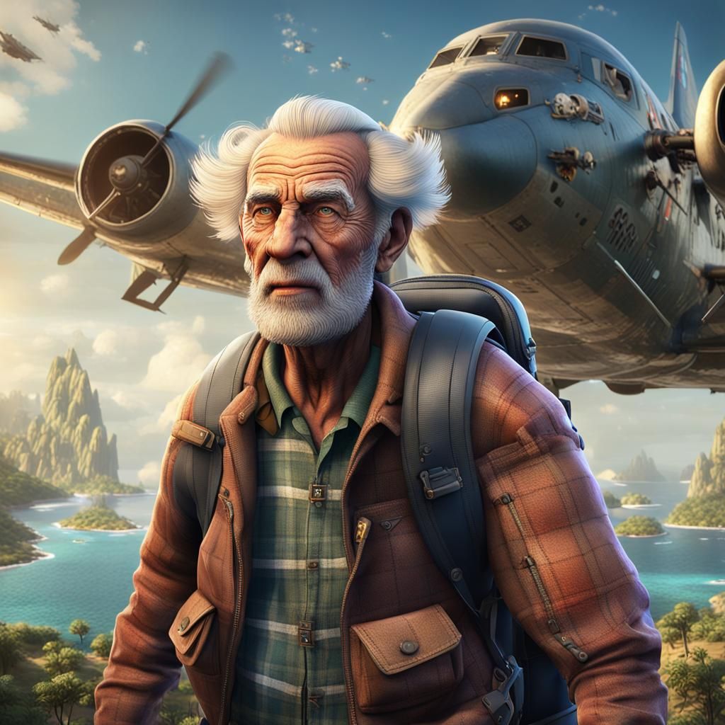 Action Man Backpacker on Island, Detailed Digital Art