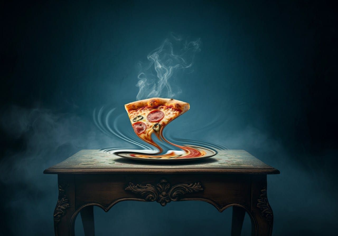 Surreal Pizza Slice in Dreamscape, Oil on Canvas