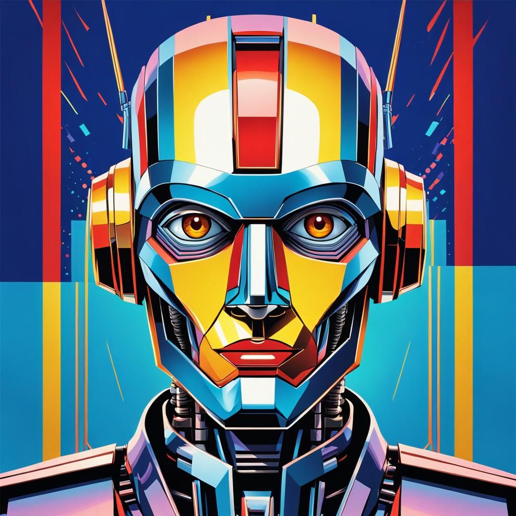 Bold Art Deco Pop Art Portrait of a Robot in Metallic Sheen