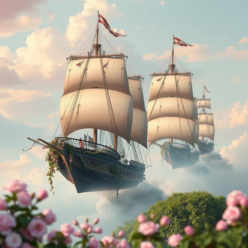 Botanical Galleons Drifting in Pastel Sky, Surreal Art