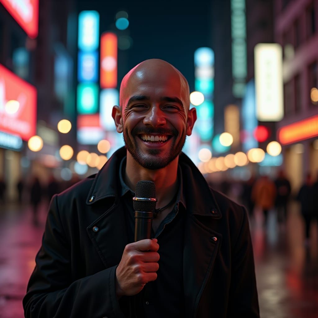Bald Podcaster Smiles in Night Cityscape Film Still