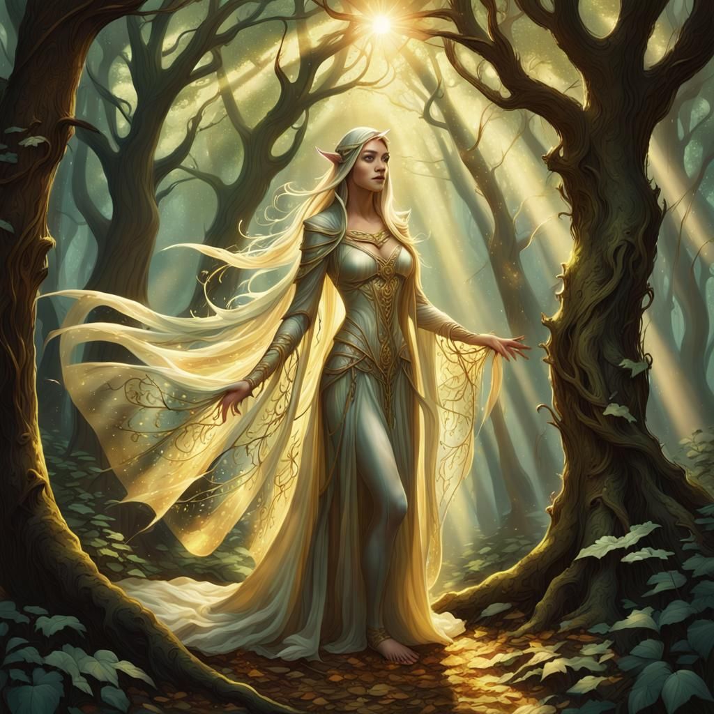 Ethereal elven  gracefully weaving spells amidst a shimmerin...