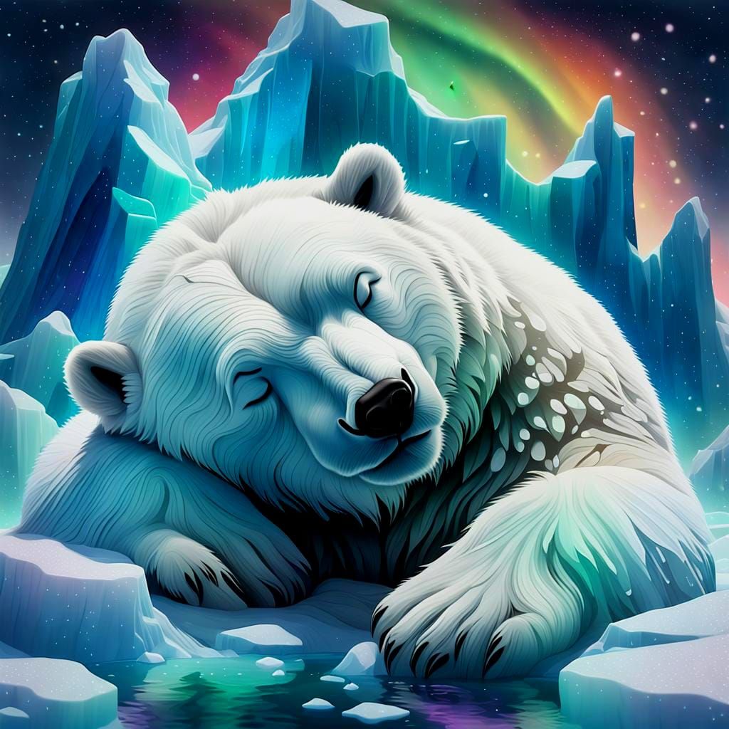 Cute Polar Bear Sleeping on Iceberg in Wonderland Style