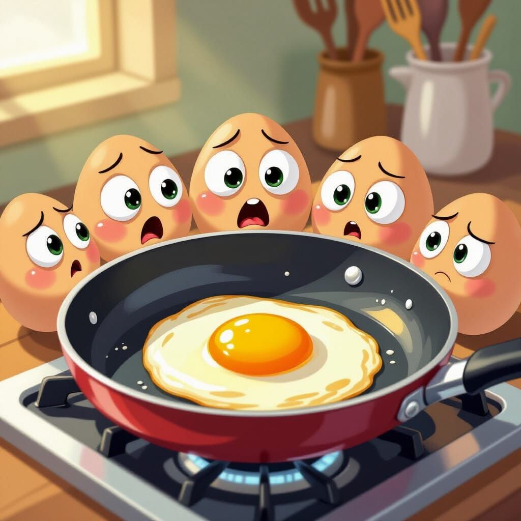 Funny Cartoon Eggs React to Frying Pan
