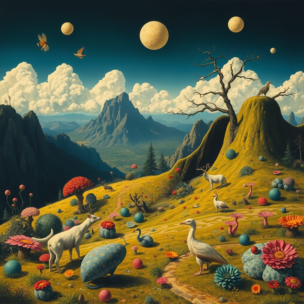 Surreal Landscape with Fantastic Creatures and Plants