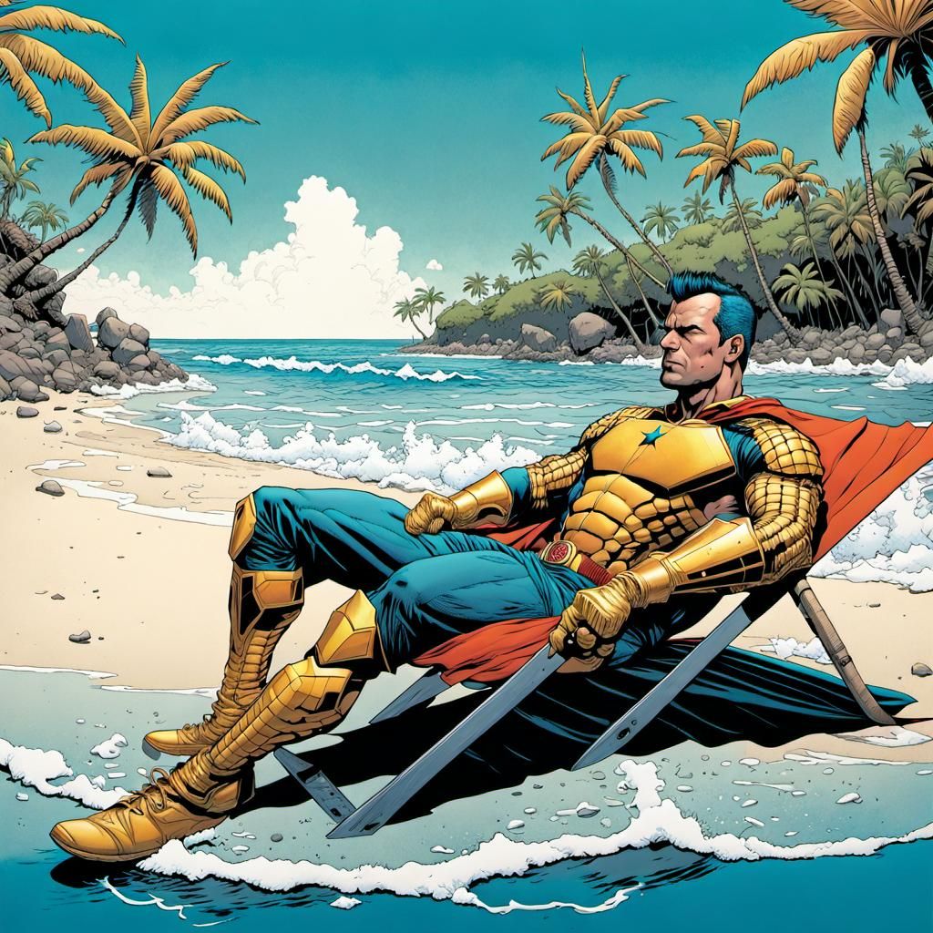 Superhero Relaxing on Tropical Beach in Comic Art Style