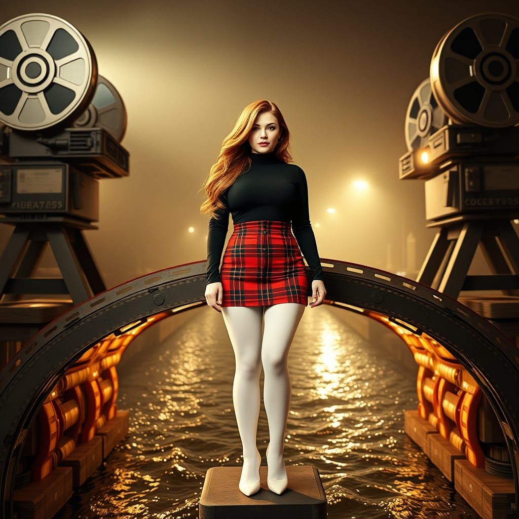 Sultry Woman Embracing Vintage Cinema