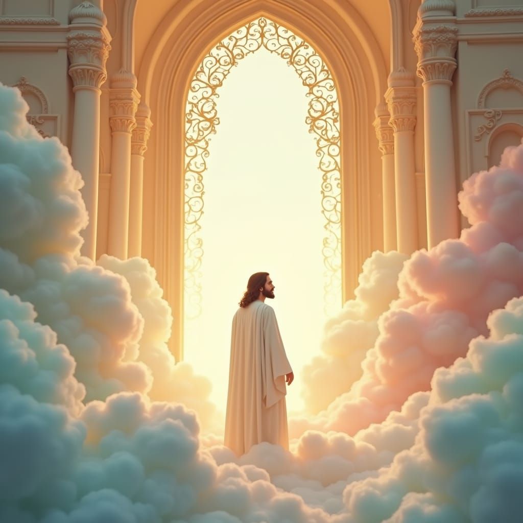 Heavenly Figure Amidst Ethereal Pastel Archways