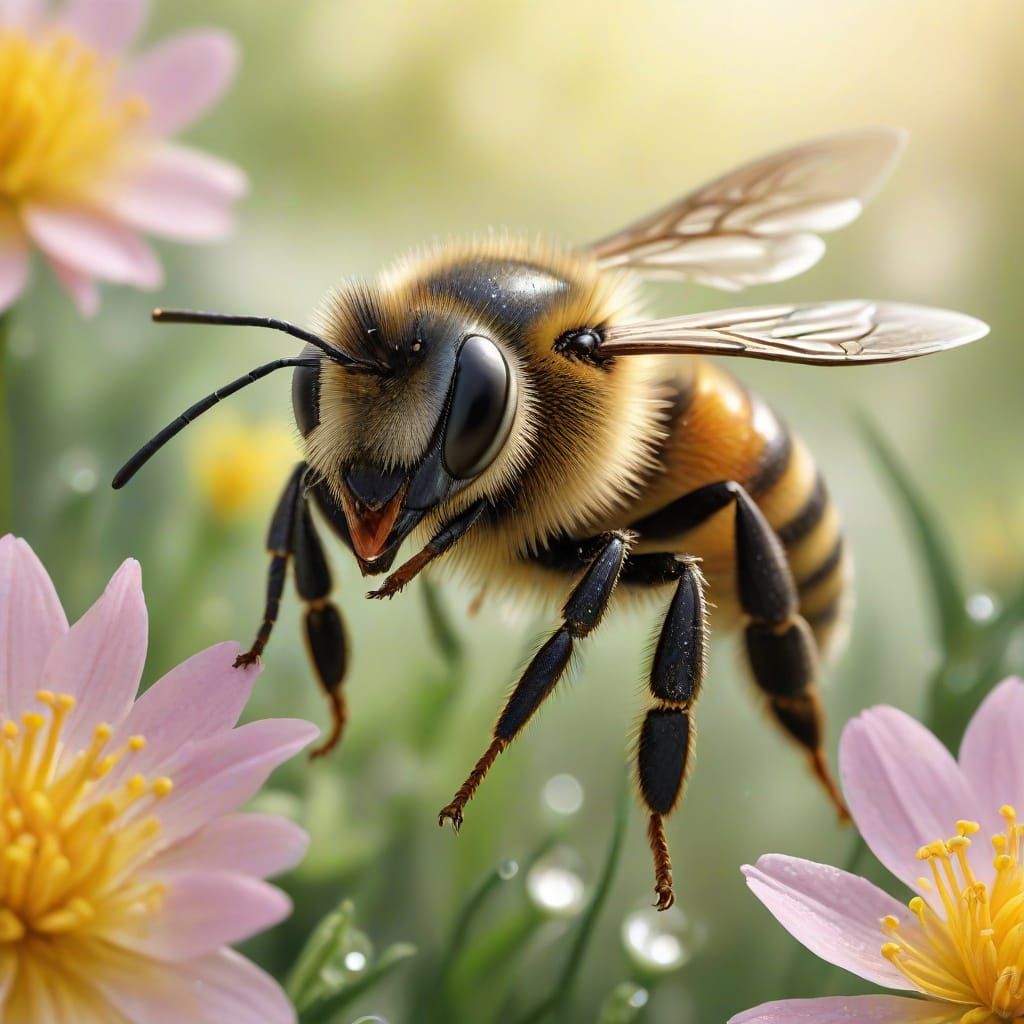 Realistic Springtime Bee in Vibrant Wonderland
