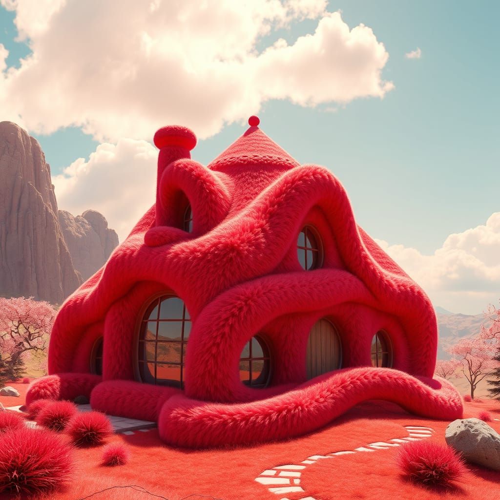 Fantastical Crimson Mansion in Vibrant Landscape