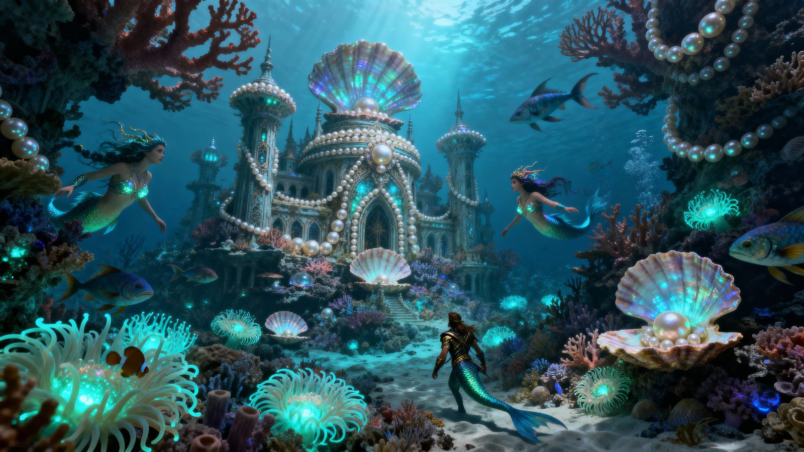 Bioluminescent Coral Reef City with Merfolk