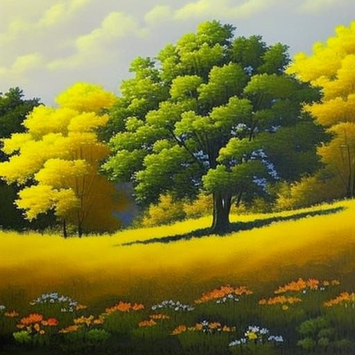 Four Seasons Tree: Gouache Impressionist Meadow