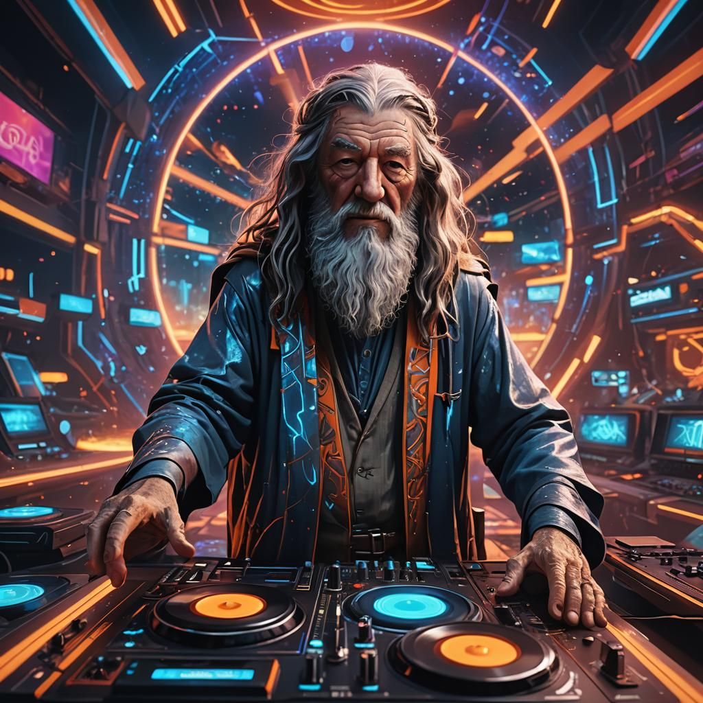 Gandalf DJing in Futuristic Disco with Neon Lights