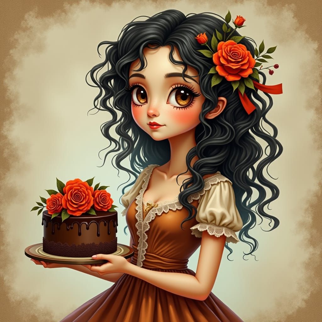 Bohemian Woman with Rose Cake in Romantic Style