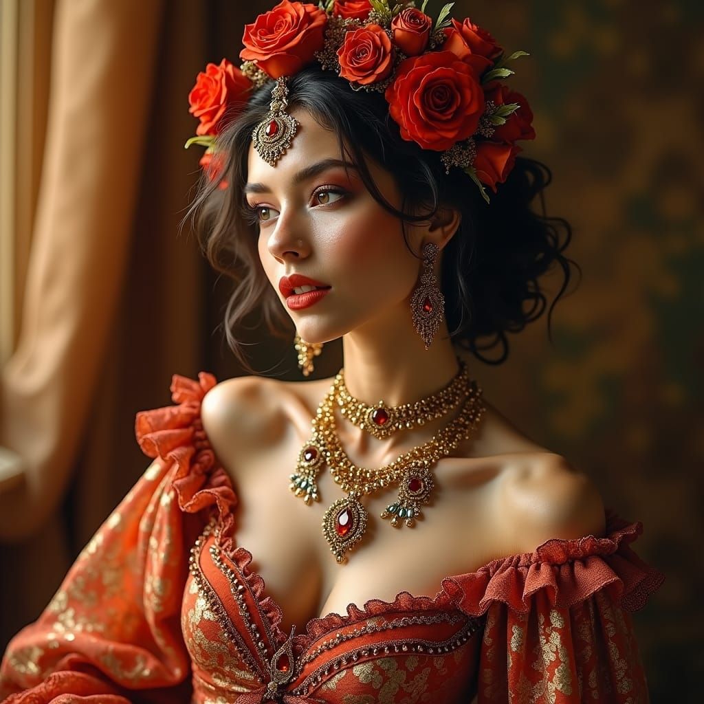 Majestic Gypsy Rose with Velvet Cloak and Gemstones