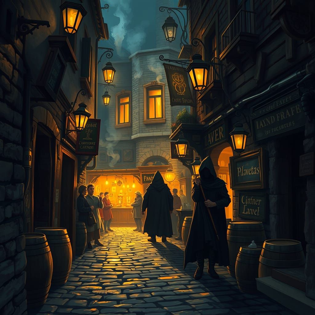 Mysterious Alley Scene with Rusted Lanterns