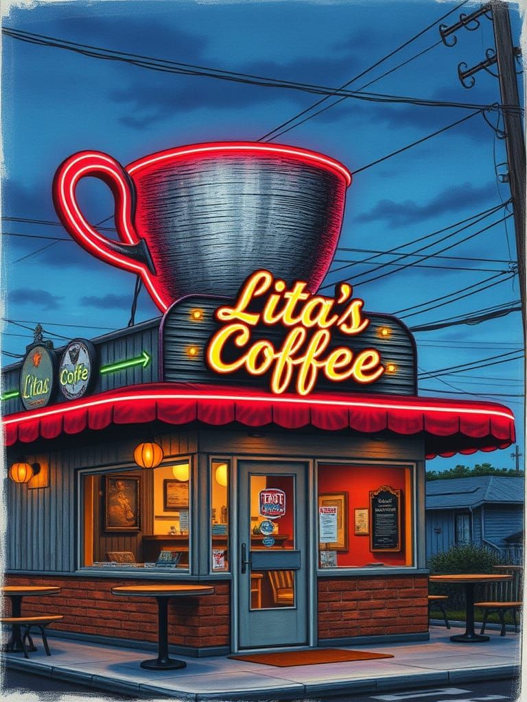 Quaint Diner with Neon Awning in Giger Shading Style