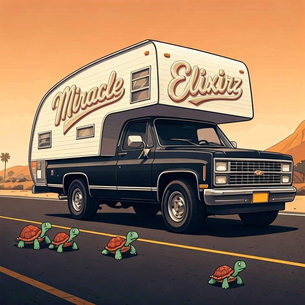 Black Chevy S10 with Camper in Retro Cartoon Style