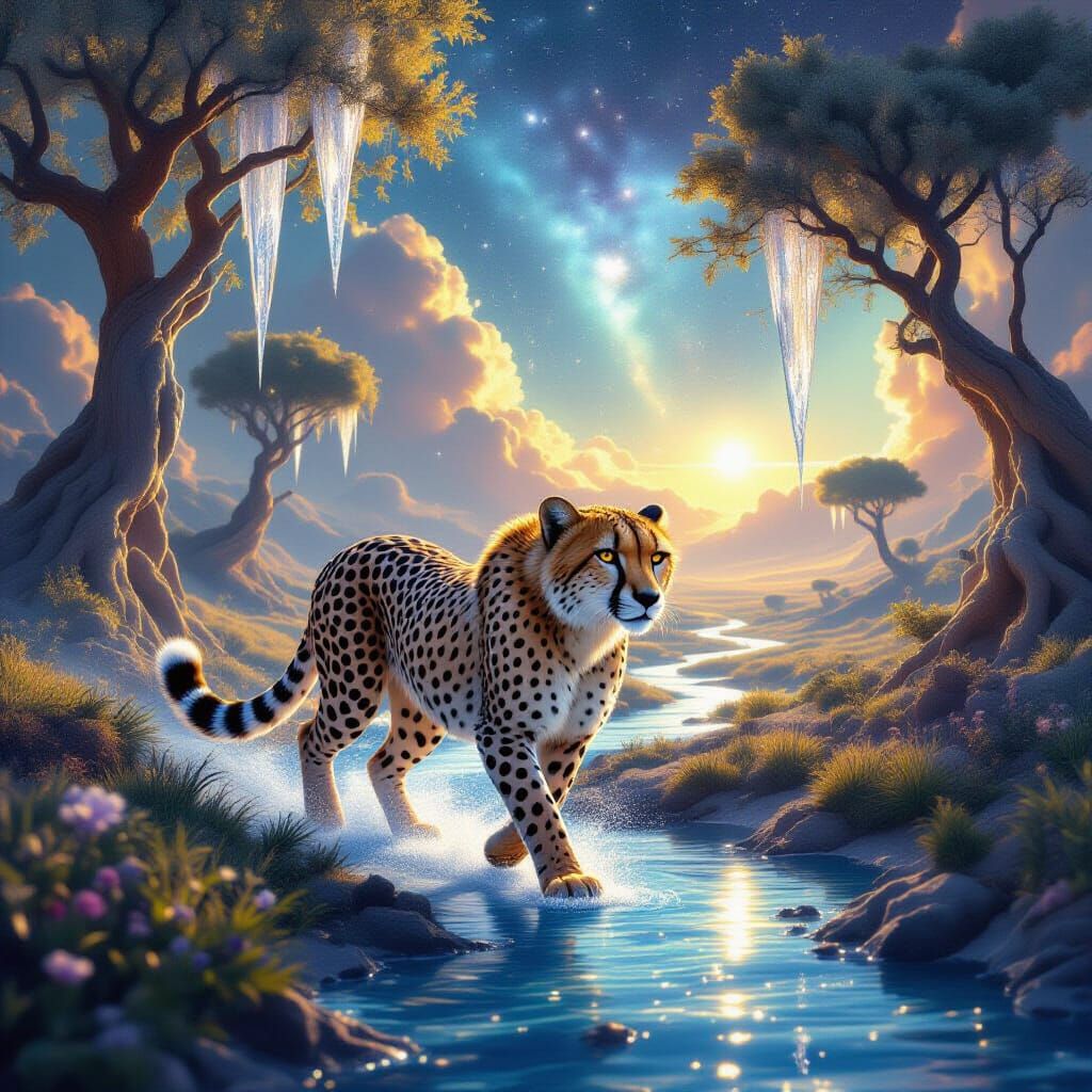 Hyperrealistic Cheetah in Surreal Dreamscape with Crystallin...